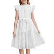 Oudiya Tween Girls Spring Dress Casual Ruffle Sleeve with Belt A Line Formal Elegant Party Dresses for Kids 5-16Y